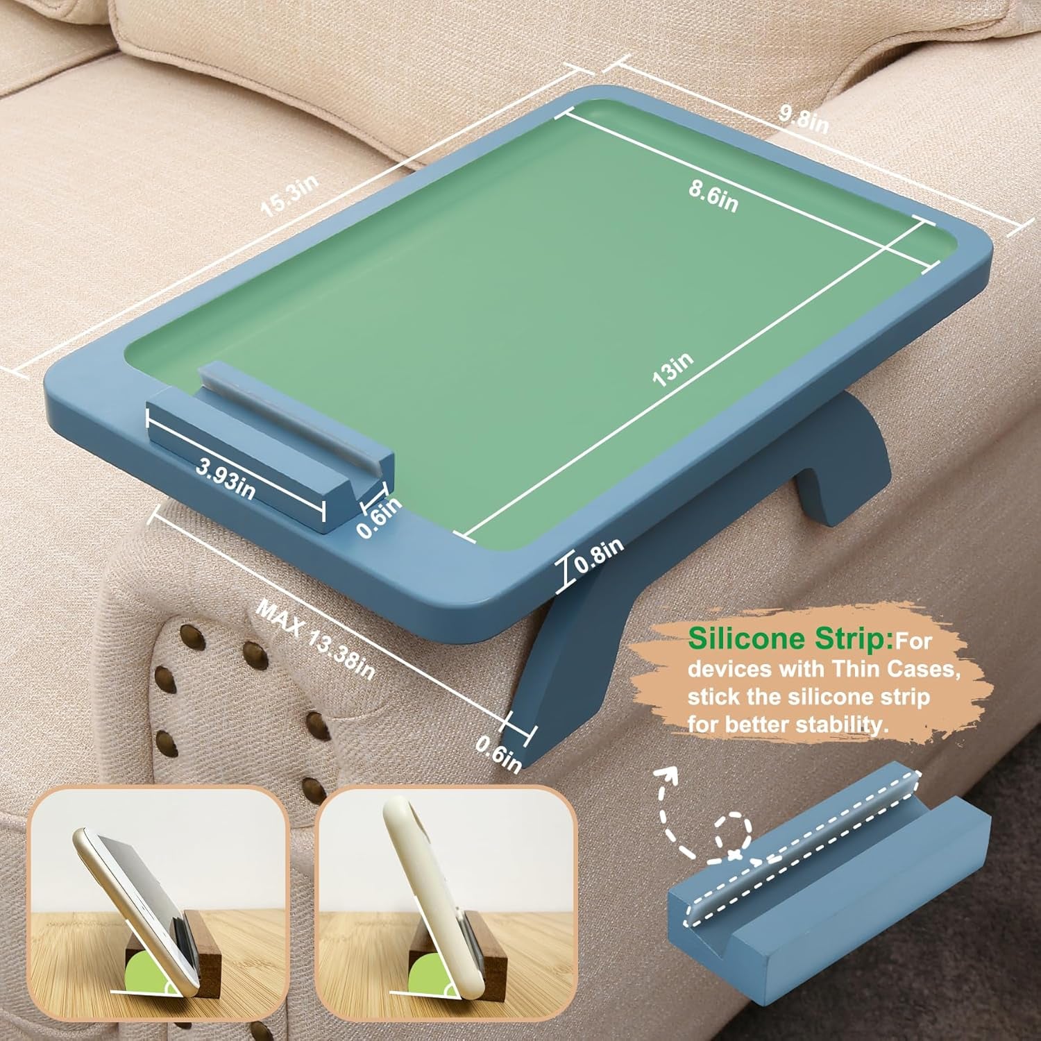 Sofa Arm Clip on Tray Table,Bamboo Couch Table for Wide Side Table, Armrest with 360° Phone Holder,Portable TV Table,Sofa Eating and Drink Blue